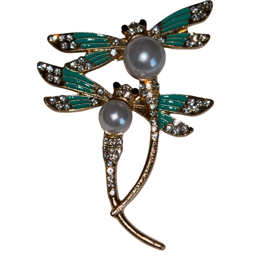 Dragonfly Couple Pearl Rhinestone Brooch Pin